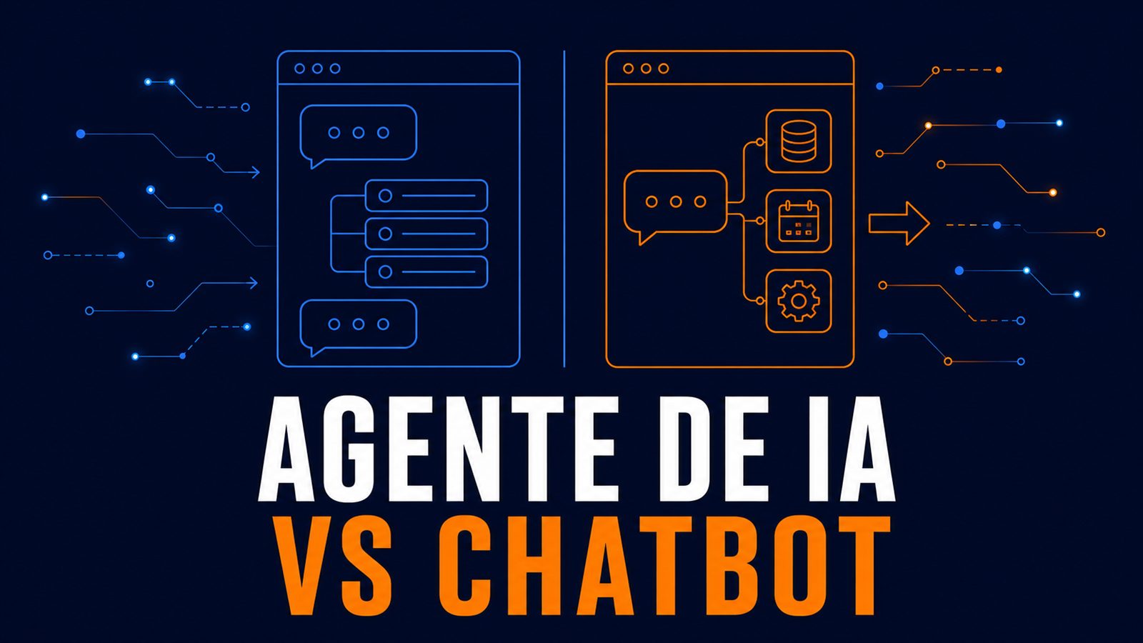 Ilustración editorial con dos paneles de conversación de línea, uno etiquetado como chatbot con respuestas fijas y otro como agente con acceso a sistemas y acciones, y el título Agente de IA vs chatbot