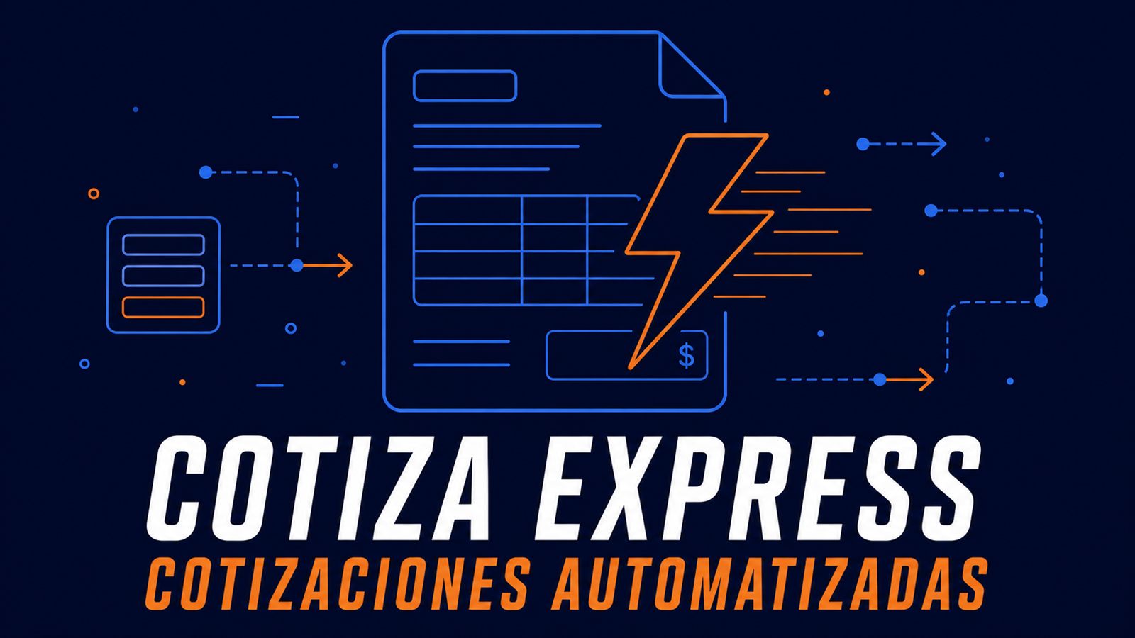 Ilustración editorial de un documento de cotización con un rayo de velocidad, junto al título Cotiza Express, cotizaciones automatizadas