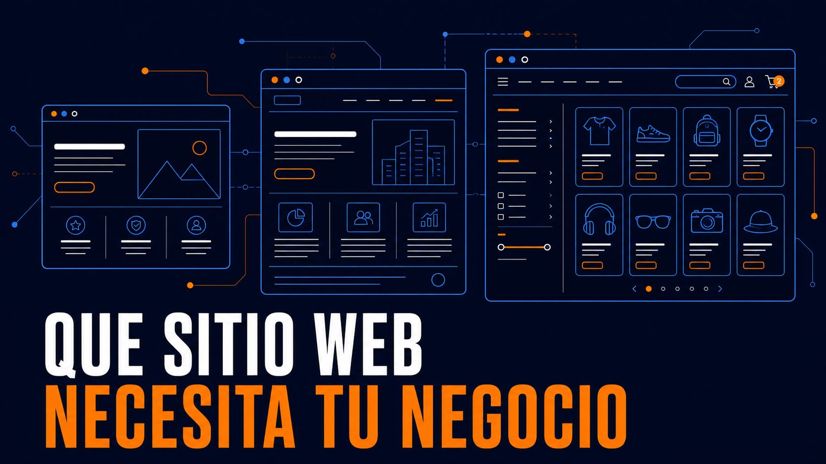 Ilustración editorial con wireframes de una landing page, un sitio corporativo y una tienda online, junto al título Qué sitio web necesita tu negocio